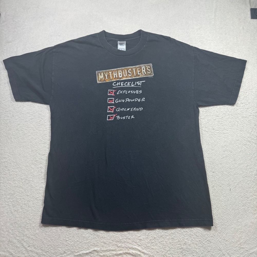 AAA MythBusters Graphic T-Shirt Mens XL Black Excellent 2008 Checklist Promo Tee